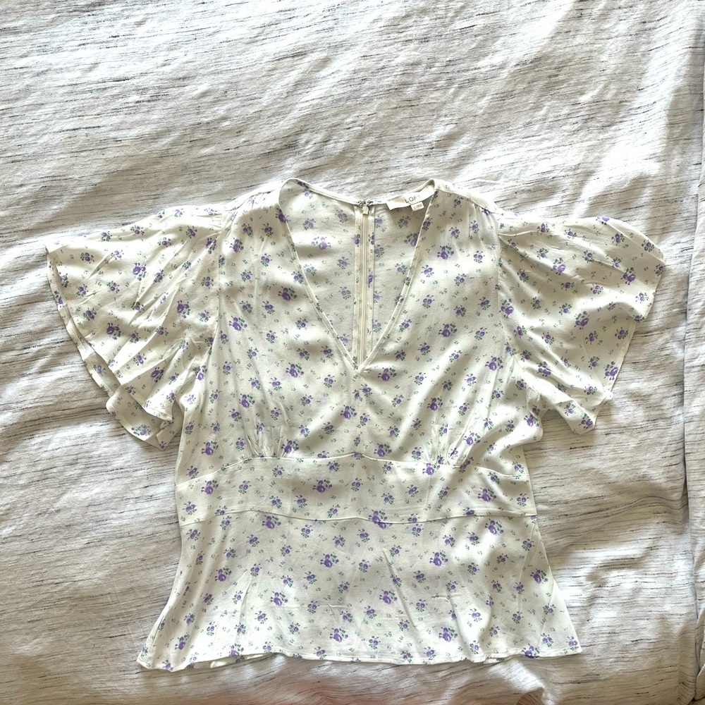 NWT LOFT white and lavender floral blouse size 12